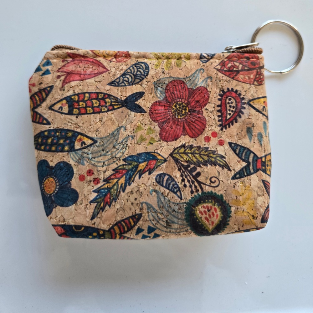 Floral & Fish Bohemian Cork Zipper Pouch with Key Ring | Eco Chic Clutch Wallet